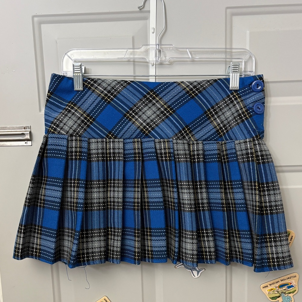 Women's Blue Plaid Pleated Mini Skirt with Side Button Detail